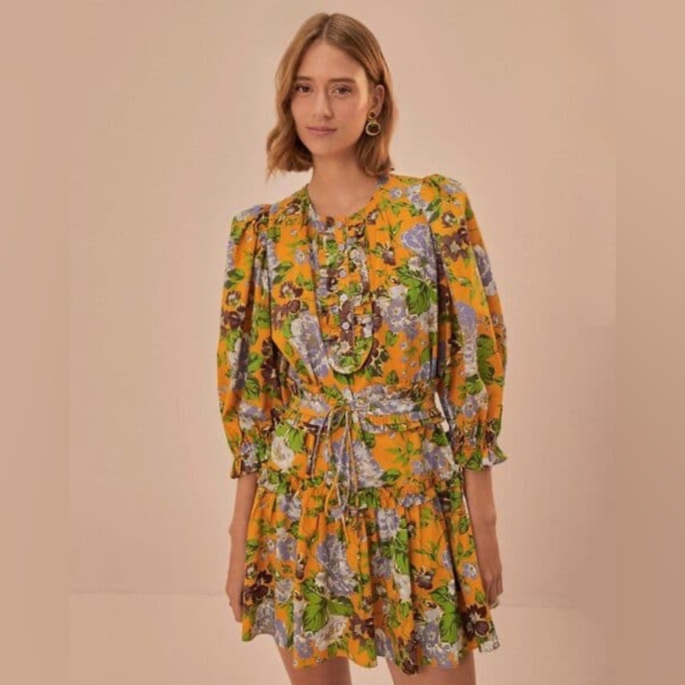 Farm Rio Yellow Capri Floral Mini Dress Short Sleeve